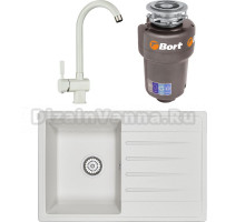 Комплект Мойка кухонная Granula Standart 7602, БЕЛЫЙ + Смеситель ST-31 белый + Измельчитель Bort Titan 5000 Control