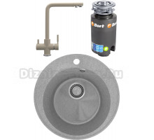 Комплект Мойка кухонная Practik PR-M 475-003 светло-серая + Смеситель Ulgran Quartz UQ-016 десерт + Измельчитель Bort Titan 4000