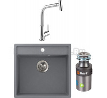 Комплект Мойка кухонная FOSTOGRAN FG 52-50 503 искристый серый + Смеситель MEGA Life MG-TK09 хром + Измельчитель Bort Titan 4000 Plus
