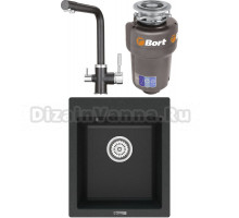 Комплект Мойка кухонная Point Динара 42 черная + Смеситель PN3103 черный + Измельчитель Bort Titan Max Power