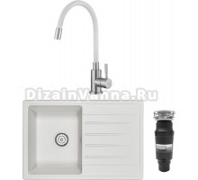 Комплект Мойка кухонная Granula Standart 7602, БЕЛЫЙ + Смеситель ESKO Snake K44 W хром, белый, с гибким изливом + Измельчитель Bone Crusher BC 910-SL-Slim Line