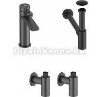 Комплект для раковины Wellsee ONCE! and forever 201000127 с сифоном, донным клапаном и угловыми вентилями, черный матовый