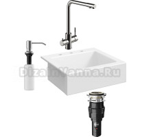 Комплект Мойка кухонная Domaci Сиена 50166-101 с 3 отверстиями, белый глянец + Измельчитель Равенна Vento 375 + Смеситель Ливорно WFD04018 брашированная сталь + Дозатор 401 сатин