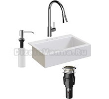 Комплект Мойка кухонная Domaci Сиена 50186-101 с 3 отверстиями, белый глянец + Измельчитель Равенна Vento 375 + Смеситель Ливорно WFD04093 + Дозатор 401 сатин