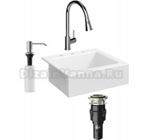 Комплект Мойка кухонная Domaci Сиена 50166-101 с 3 отверстиями, белый глянец + Измельчитель Равенна Vento 375 + Смеситель Ливорно WFD04093 + Дозатор 401 сатин