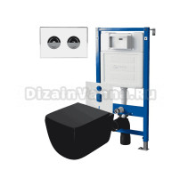 Комплект Унитаз подвесной Point Меркурий PN41831BM черный матовый, безободковый, с микролифтом + Система инсталляции для унитазов Point PN45121 пневматическая + Кнопка смыва Point Венера PN44072WC белая, хром