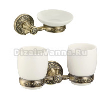 Набор Стакан Savol 58 c S-005868C, бронза, двойной + Мыльница с S-005859C настенная, керамическая, бронзовая, белая