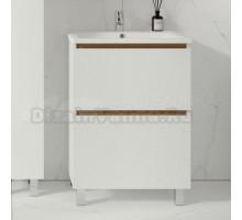 Тумба с раковиной VIANT Мальта 60 напольная, 2 ящика, глянцевая белая, дуб вотан