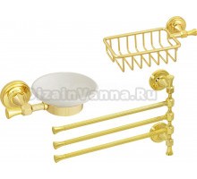 Набор Полотенцедержатель Migliore Fortuna 27678 поворотный тройной, золото + Полка 27702 золото + Мыльница подвесная, керамика, золото
