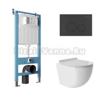 Комплект Aqueduto AQDS088T Унитаз подвесной Ovo безободковый, с микролифтом, смыв Tornado + Система инсталляции для унитазов Tecnica Novo + Кнопка смыва Circulo черная матовая