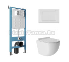 Комплект Aqueduto AQDS094T Унитаз подвесной Ovo безободковый, с микролифтом, смыв Tornado + Система инсталляции для унитазов Tecnica Novo + Кнопка смыва Quadrado белая глянцевая