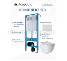 Комплект Aqueduto AQDS205T Унитаз подвесной Ovo безободковый, с микролифтом, смыв Tornado + Система инсталляции для унитазов Tecnica Novo + Кнопка смыва Retangulo Novo белая глянцевая