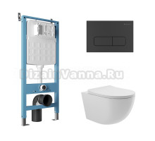 Комплект Aqueduto AQDS113 Унитаз подвесной Ovo безободковый, с микролифтом + Система инсталляции для унитазов Tecnica Novo + Кнопка смыва Forma черная матовая