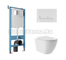 Комплект Aqueduto AQDS128Т Унитаз подвесной Ovo Plus безободковый, с микролифтом, смыв Tornado + Система инсталляции для унитазов Tecnica Novo + Кнопка смыва Retangulo белая глянцевая