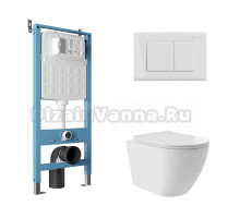 Комплект Aqueduto AQDS131Т Унитаз подвесной Ovo Plus безободковый, с микролифтом, смыв Tornado + Система инсталляции для унитазов Tecnica Novo + Кнопка смыва Quadrado белая глянцевая