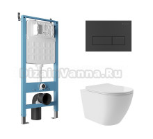 Комплект Aqueduto AQDS219Т Унитаз подвесной Ovo Plus безободковый, с микролифтом, смыв Tornado + Система инсталляции для унитазов Tecnica Novo + Кнопка смыва Retangulo Novo черная матовая