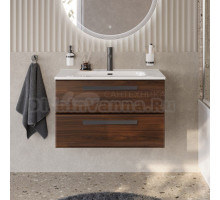 Тумба с раковиной Cezares Eco Cer-N 80 орех шоколад софт, раковина Duet 80, ручки матовые черные