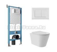 Комплект Aqueduto AQDS143Т Унитаз подвесной Cone Plus безободковый, с микролифтом, смыв Tornado + Система инсталляции для унитазов Tecnica Novo + Кнопка смыва Quadrado белая глянцевая