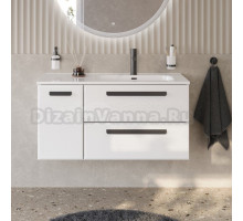 Тумба с раковиной Cezares Eco Cer-N 100 R 2 ящика, 1 дверца, bianco lucido, раковина Duet 100 R, ручки матовые черные