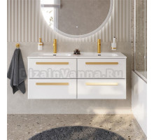 Тумба с раковиной Cezares Eco Cer-N 120 4 ящика, bianco lucido, раковина Duet 120, двойная, ручки сатиновое золото