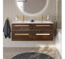 Тумба с раковиной Cezares Eco Cer-N 120 4 ящика, орех шоколад софт, раковина Duet 120, двойная, ручки сатиновое золото