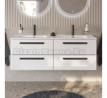 Тумба с раковиной Cezares Eco Cer-N 140 4 ящика, bianco lucido, раковина Duet 140, двойная, ручки матовые черные