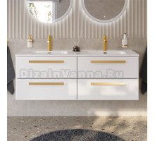 Тумба с раковиной Cezares Eco Cer-N 140 4 ящика, bianco lucido, раковина Duet 140, двойная, ручки сатиновое золото