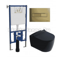 Комплект 3 в 1 Унитаз подвесной STWORKI Ноттвиль SETK3104-2616 черный + Инсталляция DIWO 4501 + Кнопка 7325 цвет матовое золото