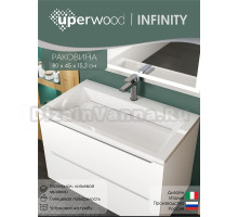 Мебельная раковина Uperwood Infinity 80 накладная, глянцевая белая, прямоугольная, литьевой мрамор, со скрытым сливом