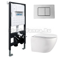 Комплект 4 в 1 Abber Bequem AC1100-AC0105-AC0120 Унитаз подвесной безободковый, с микролифтом + Система инсталляции + Кнопка смыва хром