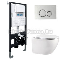 Комплект 4 в 1 Abber Bequem AC1100-AC0105-AC0121 Унитаз подвесной безободковый, с микролифтом + Система инсталляции + Кнопка смыва хром