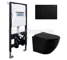 Комплект 4 в 1 Abber Bequem AC1100MB-AC0105-AC0121MB Унитаз подвесной безободковый, с микролифтом + Система инсталляции + Кнопка смыва черная матовая