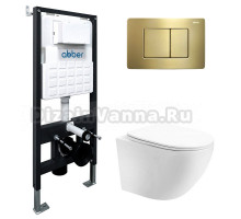 Комплект 4 в 1 Abber Bequem AC1100T-AC0105-AC0120MMG Унитаз подвесной безободковый, с микролифтом + Система инсталляции + Кнопка смыва золото матовое