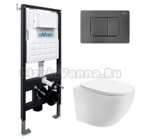 Комплект 4 в 1 Abber Bequem AC1100T-AC0105-AC0120NG Унитаз подвесной безободковый, с микролифтом + Система инсталляции + Кнопка смыва никель