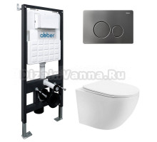 Комплект 4 в 1 Abber Bequem AC1100T-AC0105-AC0121NG Унитаз подвесной безободковый, с микролифтом + Система инсталляции + Кнопка смыва никель