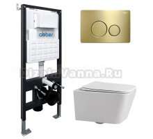 Комплект 4 в 1 Abber Rechteck AC1201-AC0105-AC0121MMG Унитаз подвесной безободковый, с микролифтом + Система инсталляции + Кнопка смыва матовое золото