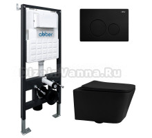 Комплект 4 в 1 Abber Rechteck AC1201MB-AC0105-AC0121MB Унитаз подвесной безободковый, с микролифтом + Система инсталляции + Кнопка смыва матовая черная