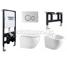 Комплект 4 в 1 Abber Bequem AC1100-AC0105-AC0121-AC1150-AC0101P Унитаз подвесной безободковый, с микролифтом + Система инсталляции + Кнопка смыва хром + Биде