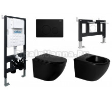 Комплект 4 в 1 Abber Bequem AC1100MB-AC0105-AC0121MB-AC1150MB-AC0101P Унитаз подвесной безободковый, с микролифтом + Система инсталляции + Кнопка смыва черная матовая