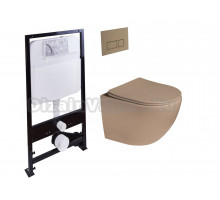 Комплект Унитаз подвесной SantiLine SL-5102 безободковый, с микролифтом, светло-коричневый матовый + Инсталляция SantiLine SL-01 с кнопкой смыва светло-коричневой матовой