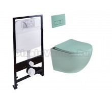 Комплект Унитаз подвесной SantiLine SL-5103 безободковый, с микролифтом, светло-зеленый матовый + Инсталляция SantiLine SL-01 с кнопкой смыва светло-зеленой матовой