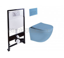 Комплект Унитаз подвесной SantiLine SL-5105 безободковый, с микролифтом, голубой матовый + Инсталляция SantiLine SL-01 с кнопкой смыва голубой матовой