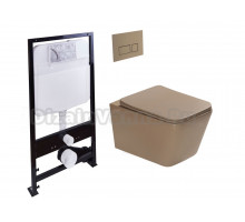 Комплект Унитаз подвесной SantiLine SL-5007KH безободковый, с микролифтом, светло-коричневый матовый + Инсталляция SantiLine SL-01 с кнопкой смыва светло-коричневой матовой