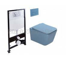 Комплект Унитаз подвесной SantiLine SL-5007BL безободковый, с микролифтом, голубой матовый + Инсталляция SantiLine SL-01 с кнопкой смыва голубой матовой