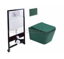 Комплект Унитаз подвесной SantiLine SL-5007G безободковый, с микролифтом, зеленый матовый + Инсталляция SantiLine SL-01 с кнопкой смыва зеленой матовой