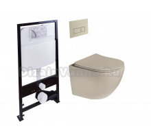 Комплект Унитаз подвесной SantiLine SL-5005T-BG безободковый, с микролифтом, система смыва Tornado, бежевый матовый + Инсталляция SantiLine SL-01 с кнопкой смыва бежевой матовой