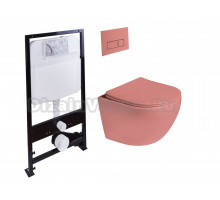 Комплект Унитаз подвесной SantiLine SL-5005T-P безободковый, с микролифтом, система смыва Tornado, персиковый матовый + Инсталляция SantiLine SL-01 с кнопкой смыва персиковой матовой