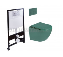 Комплект Унитаз подвесной SantiLine SL-5005T-G безободковый, с микролифтом, система смыва Tornado, зеленый матовый + Инсталляция SantiLine SL-01 с кнопкой смыва зеленой матовой