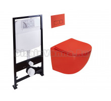 Комплект Унитаз подвесной SantiLine SL-5005T-MR безободковый, с микролифтом, система смыва Tornado, красный матовый + Инсталляция SantiLine SL-01 с кнопкой смыва красной матовой