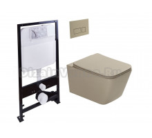 Комплект Унитаз подвесной SantiLine SL-5007T-BG безободковый, с микролифтом, система смыва Tornado, бежевый матовый + Инсталляция SantiLine SL-01 с кнопкой смыва бежевой матовой